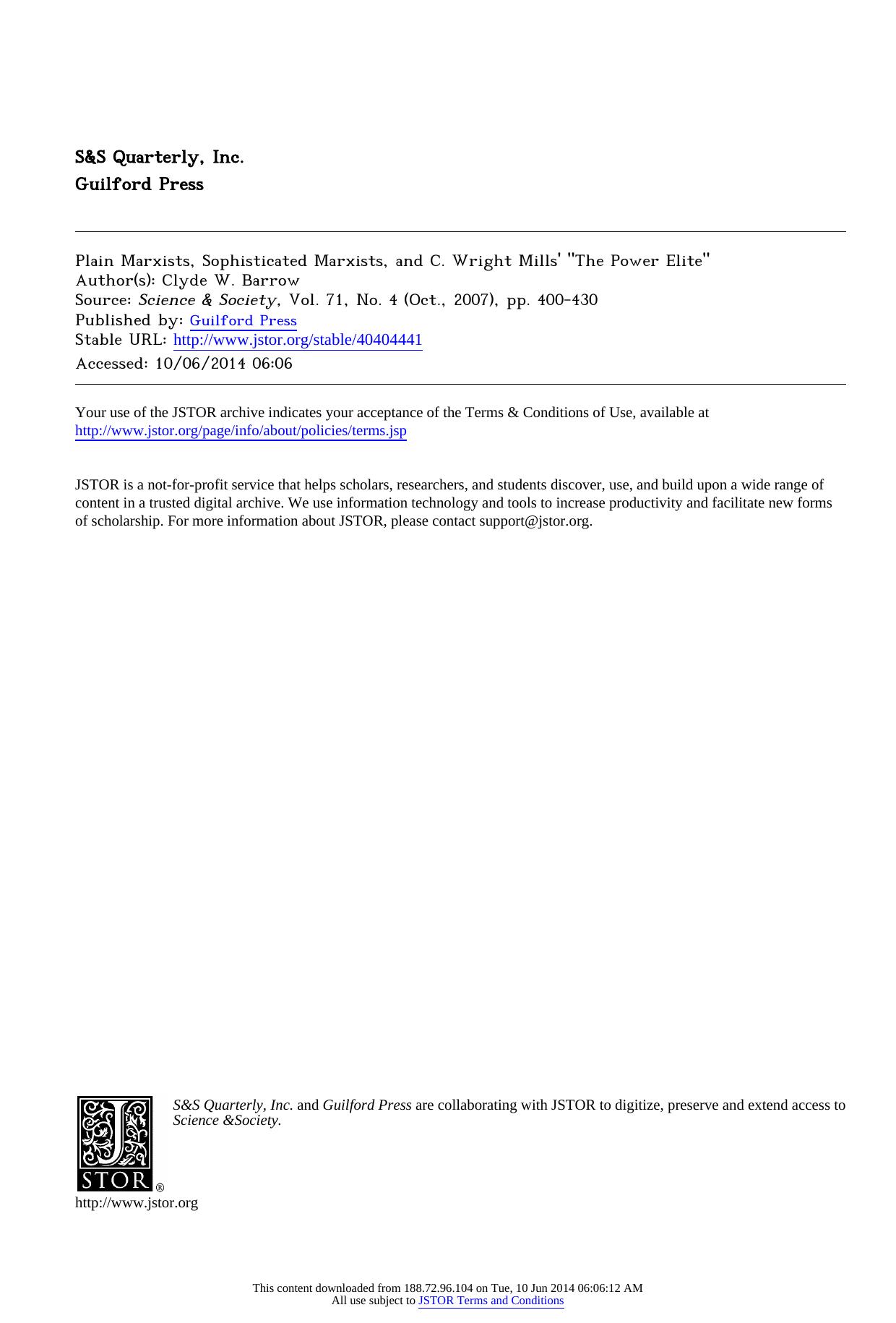 Plain Marxists, Sophisticated Marxists, and C. Wright Mills' "The Power Elite by Barrow Clyde W
