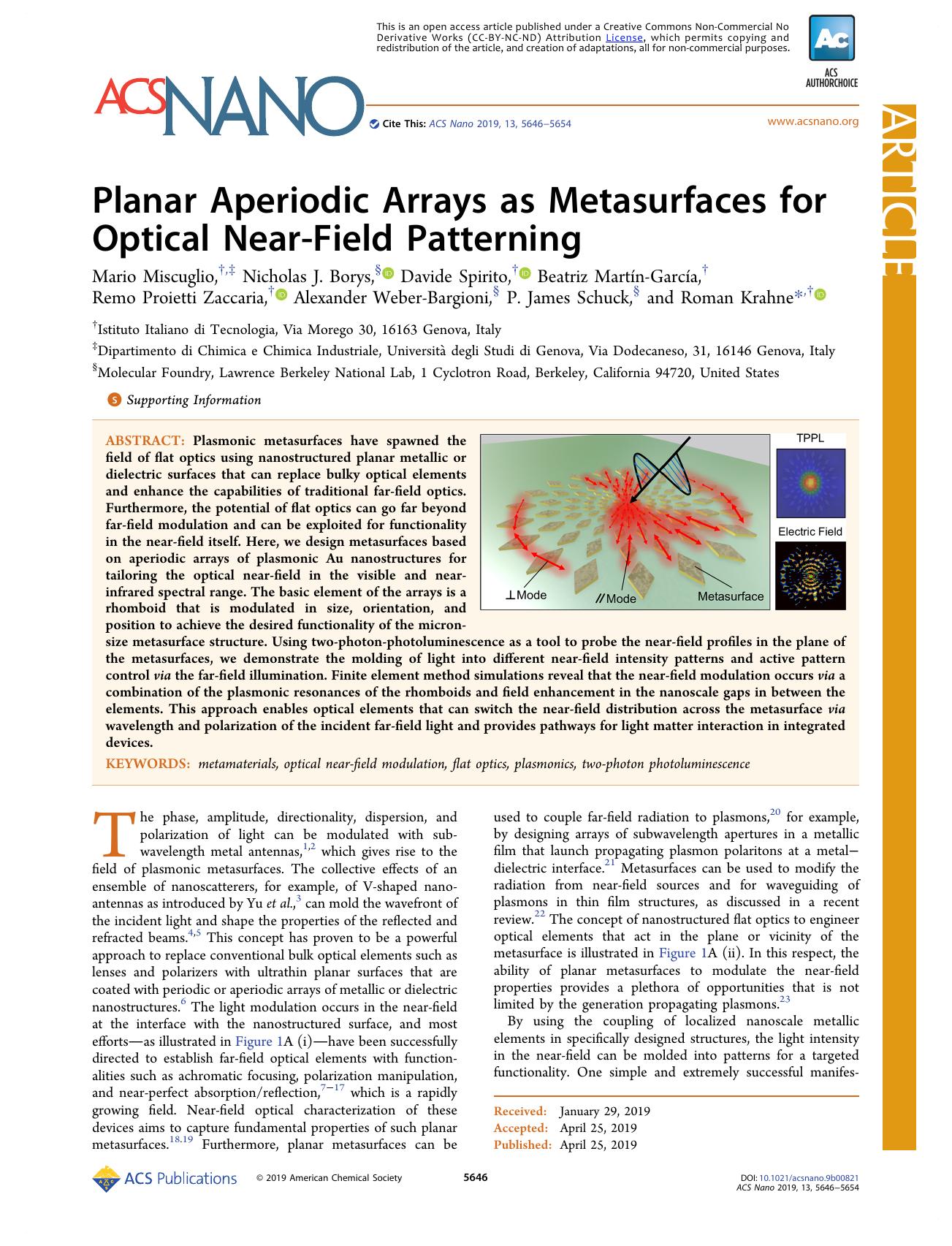 Planar Aperiodic Arrays as Metasurfaces for Optical Near-Field Patterning by unknow