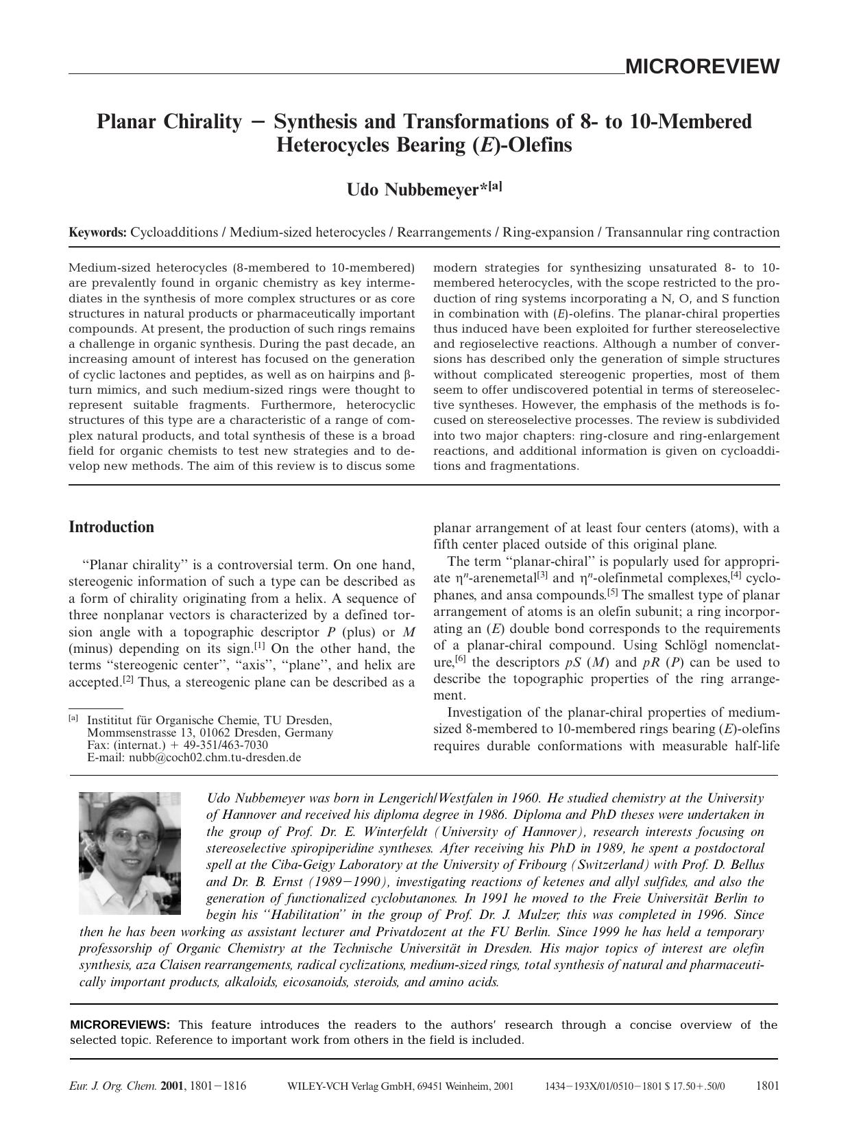 Planar Chirality - Synthesis and Transformations of 8- to 10-Membered Heterocycles Bearing (E)-Olefins by Unknown