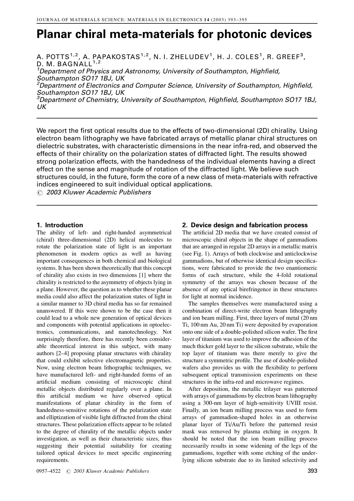 Planar chiral meta-materials for photonic devices by Unknown