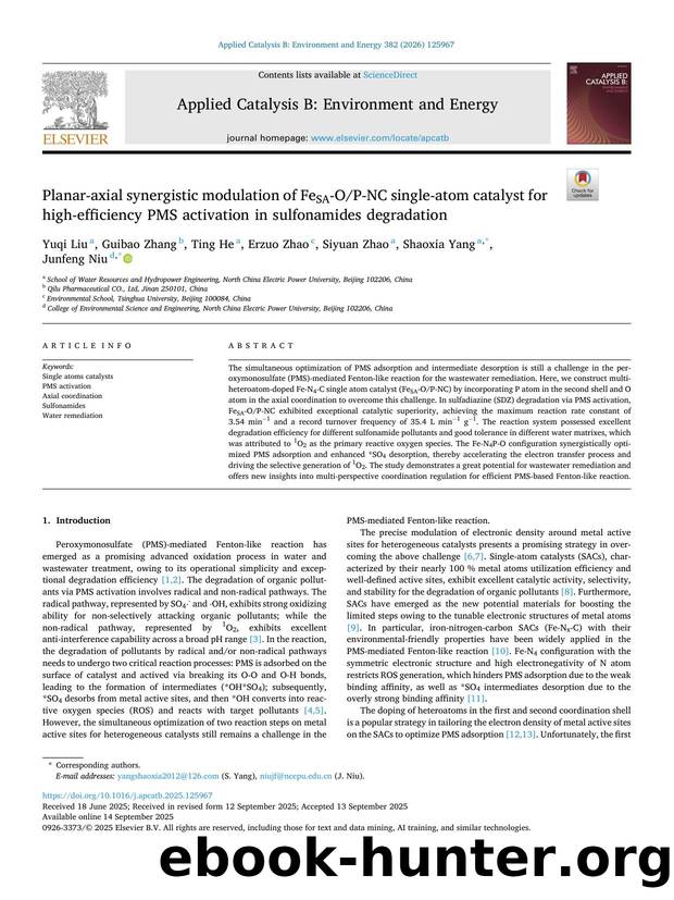 Planar-axial synergistic modulation of FeSA-OP-NC single-atom catalyst for high-efficiency PMS activation in sulfonamides degradation by Yuqi Liu & Guibao Zhang & Ting He & Erzuo Zhao & Siyuan Zhao & Shaoxia Yang & Junfeng Niu