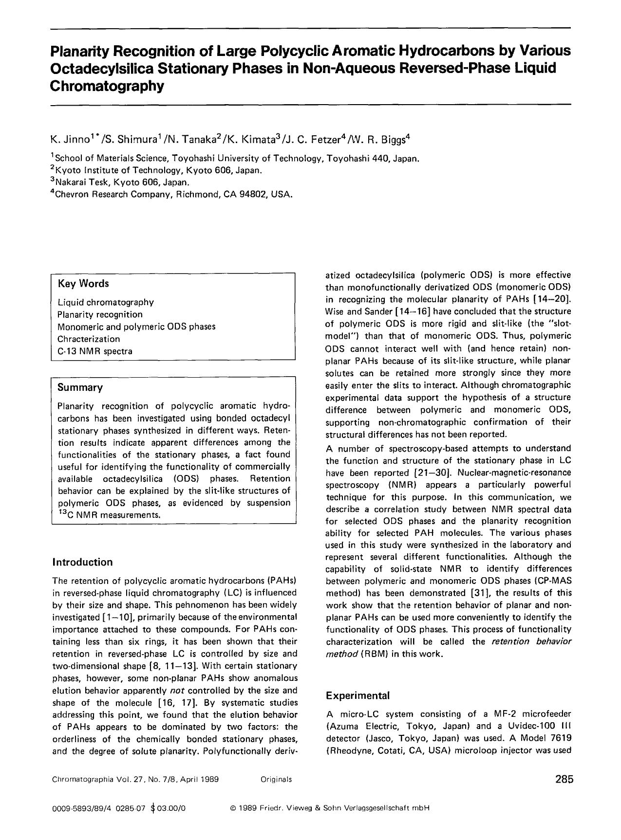 Planarity recognition of large polycyclic aromatic hydrocarbons by various octadecylsilica stationary phases in non-aqueous reversed-phase liquid chromatography by Unknown