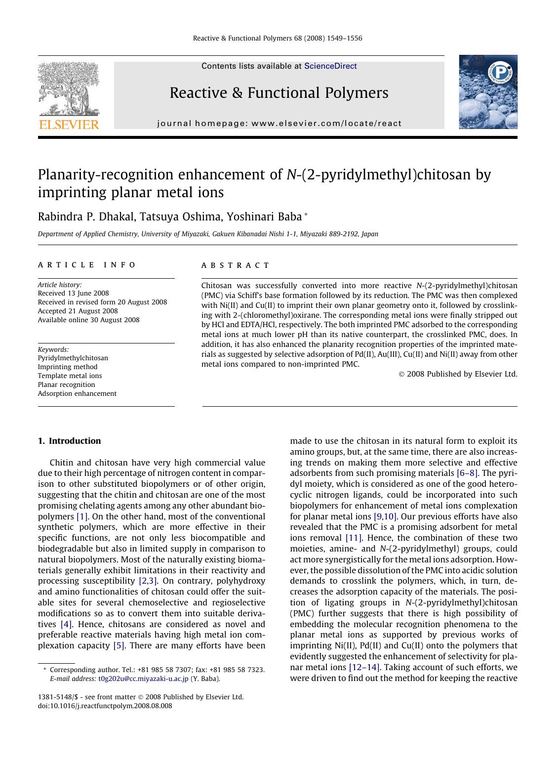 Planarity-recognition enhancement of N-(2-pyridylmethyl)chitosan by imprinting planar metal ions by Rabindra P. Dhakal; Tatsuya Oshima; Yoshinari Baba