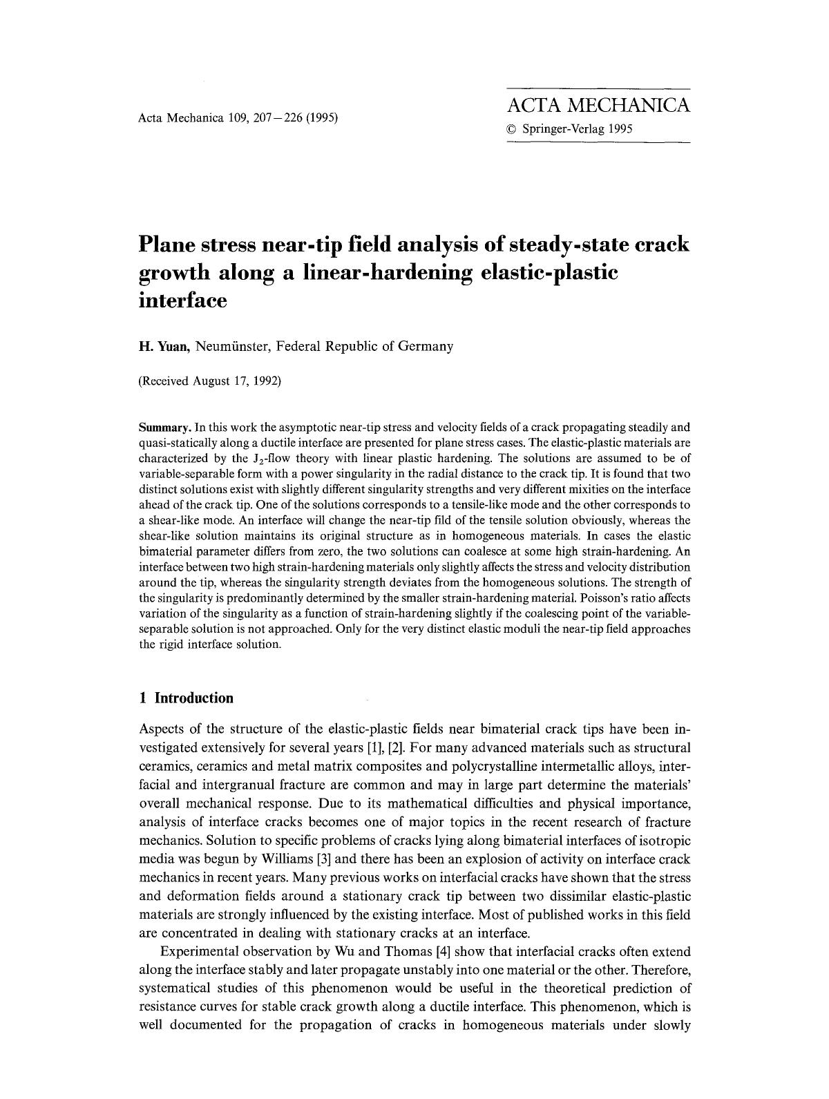 Plane stress near-tip field analysis of steady-state crack growth along a linear-hardening elastic-plastic interface by Unknown