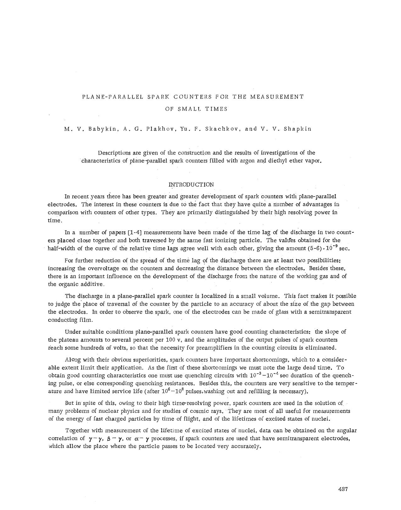 Plane-parallel spark counters for the measurement of small times by Unknown