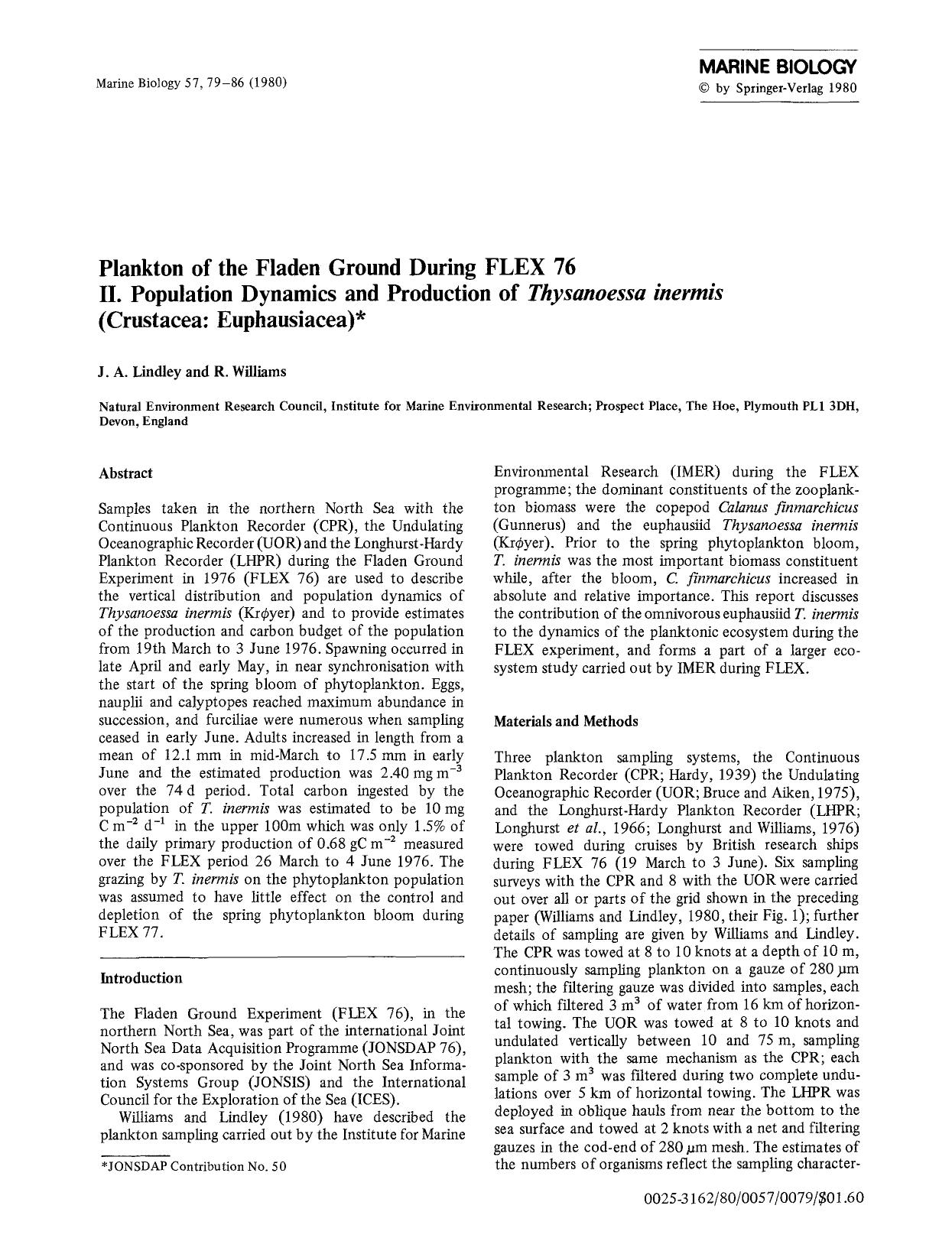 Plankton of the fladen ground during FLEX 76 II. Population dynamics and production of <Emphasis Type="Italic">Thysanoessa inermis<Emphasis> (Crustacea: Euphausiacea) by Unknown