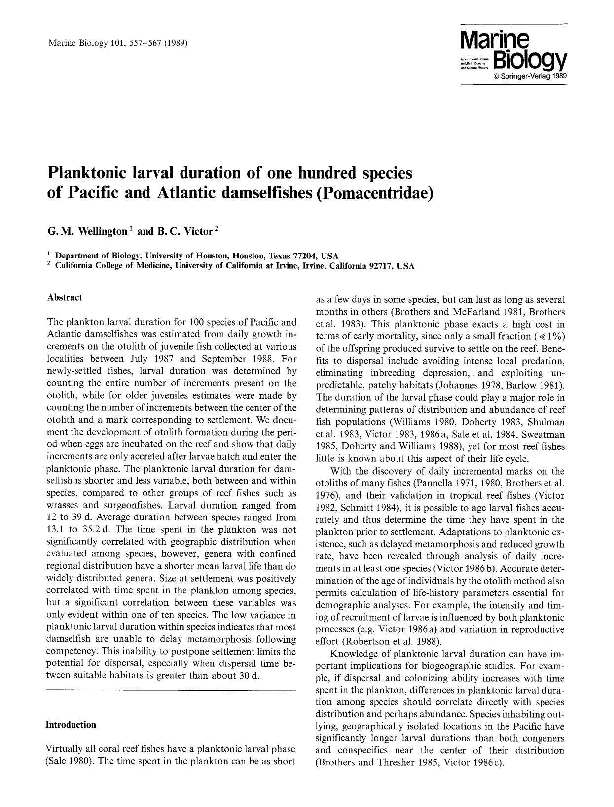 Planktonic larval duration of one hundred species of Pacific and Atlantic damselfishes (Pomacentridae) by Unknown