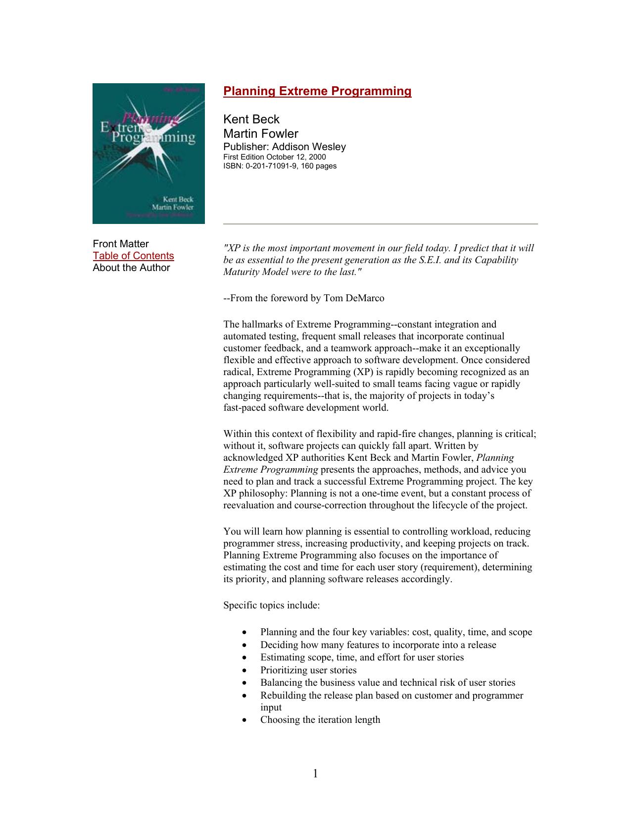 Planning Extreme Programming by Kent Beck Martin Fowler