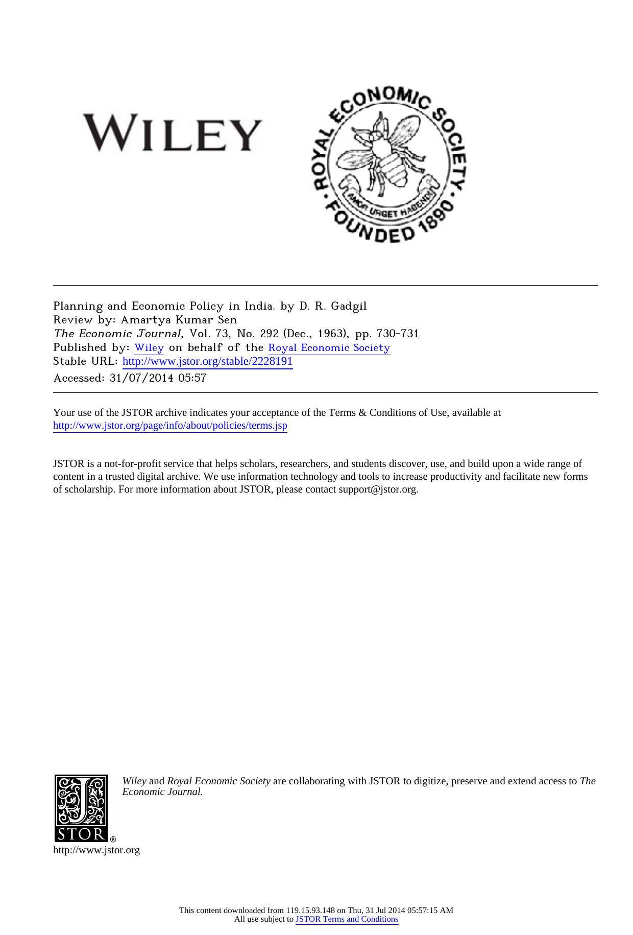 Planning and Economic Policy in India. by D. R. Gadgil by Planning & Economic Policy in India. by D. R. Gadgil