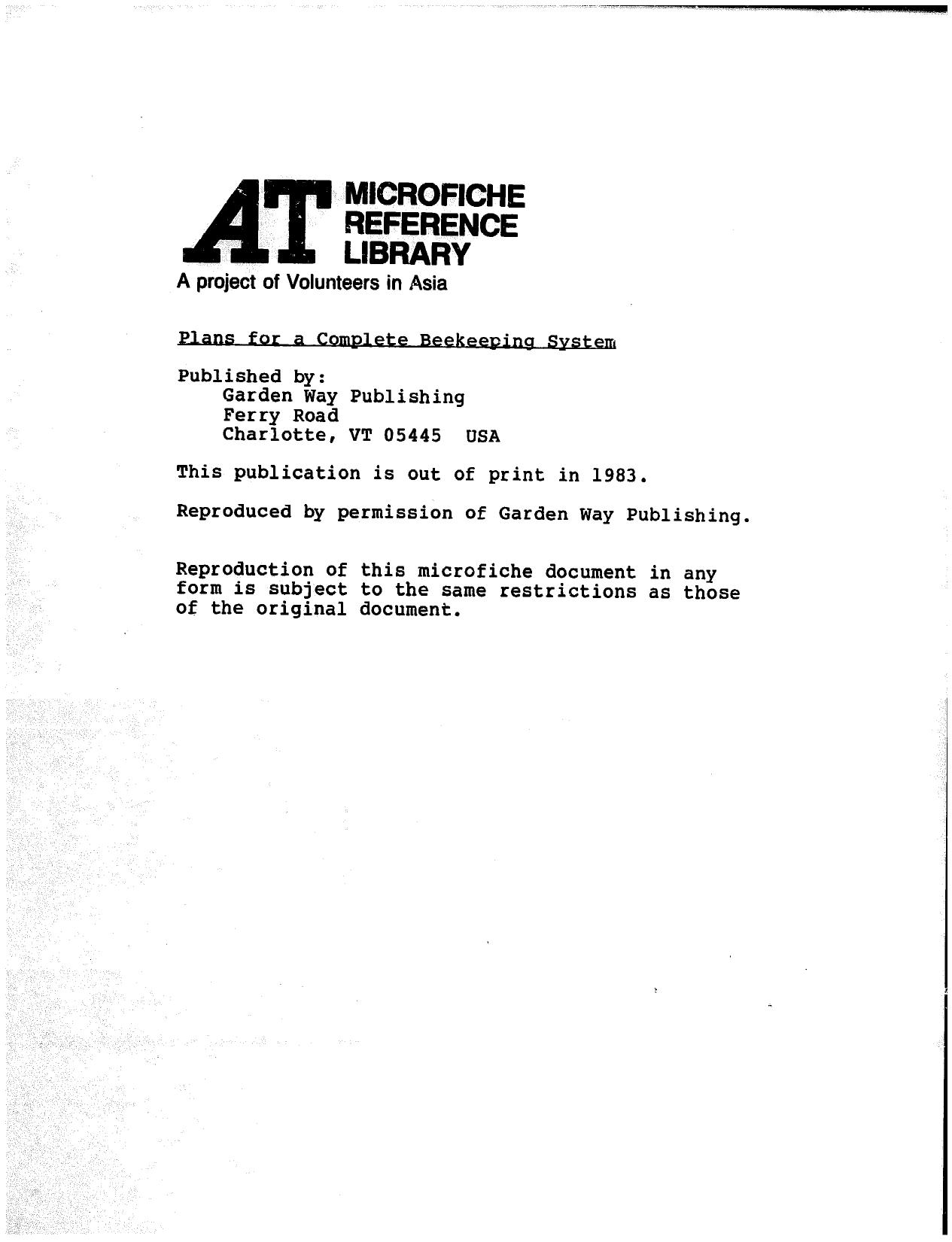 Plans For A Complete Beekeeping System 1975 by Unknown