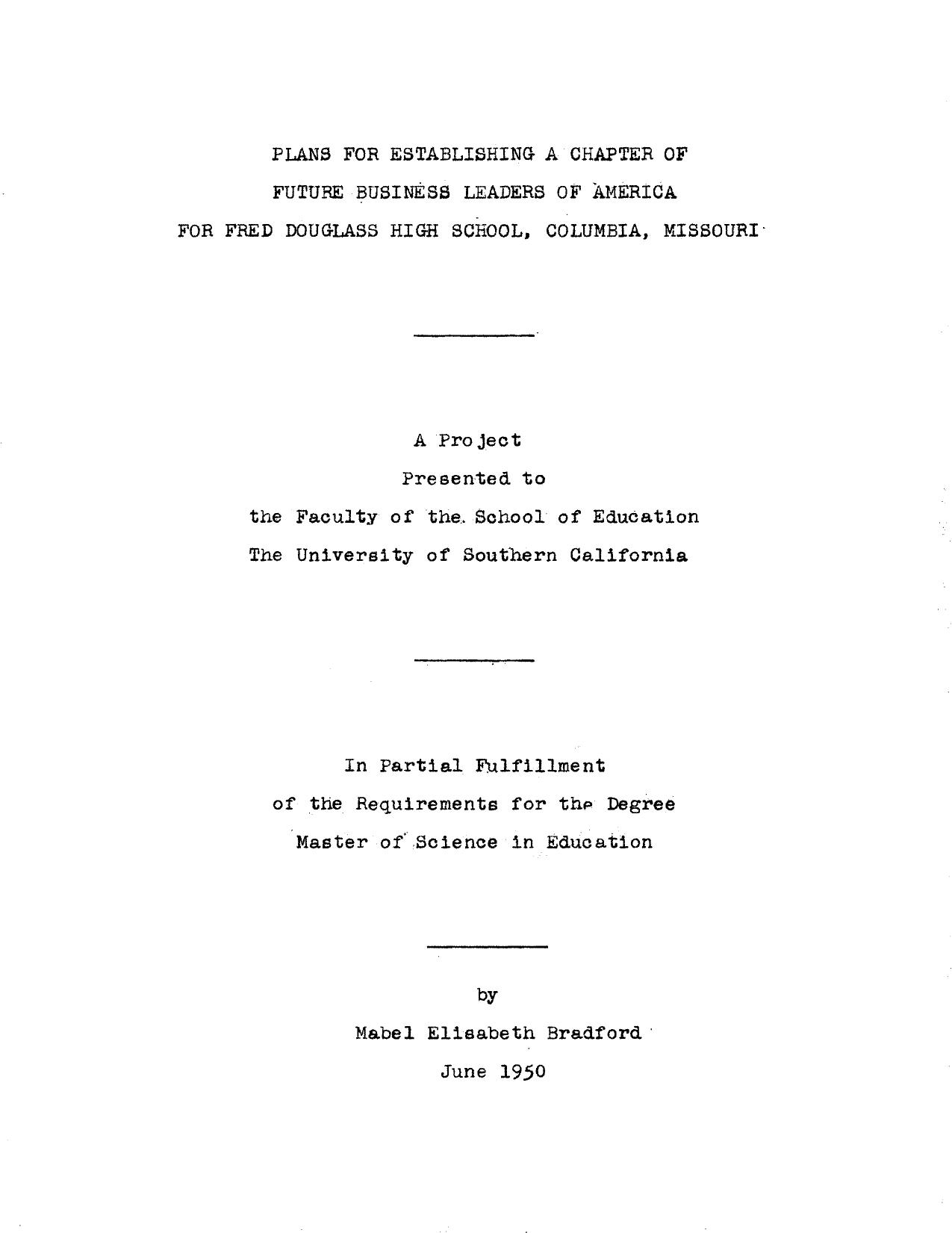 Plans for establishing a chapter of Future Business Leaders of America for Fred Douglass High School, Columbia, Missouri by Bradford Mabel Elisabeth