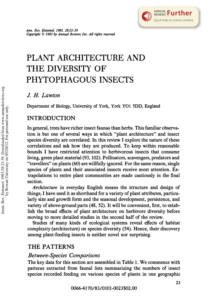 Plant Architecture and the Diversity of Phytophagous Insects by J H Lawton