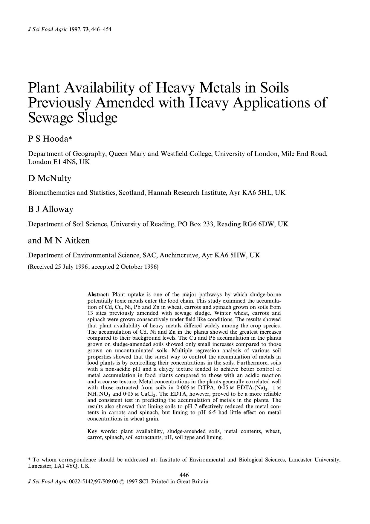 Plant Availability of Heavy Metals in Soils Previously Amended with Heavy Applications of Sewage Sludge by Unknown