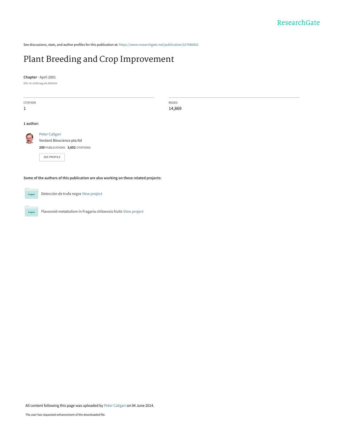 Plant Breeding and Crop Improvement". In: Encyclopedia of Life Sciences by Unknown