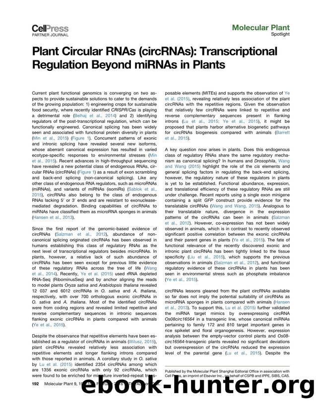 Plant Circular RNAs (circRNAs): Transcriptional Regulation Beyond miRNAs in Plants by Gaurav Sablok & Hongwei Zhao & Xiaoyong Sun