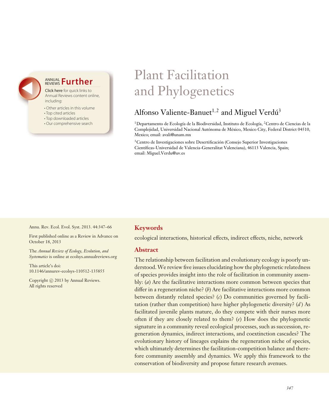 Plant Facilitation and Phylogenetics by Alfonso Valiente-Banuet and Miguel Verdú