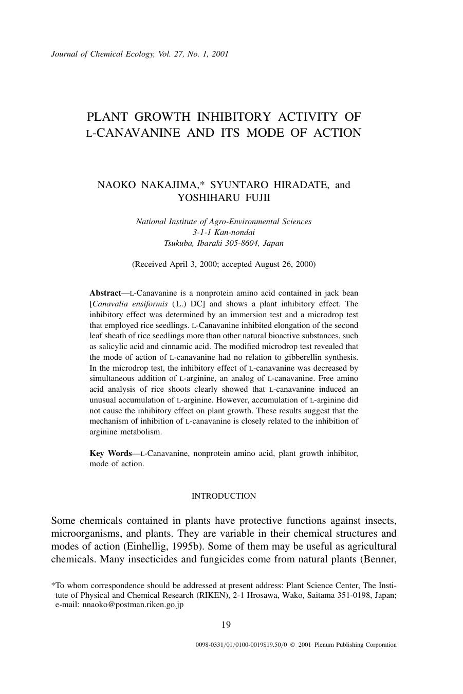 Plant Growth Inhibitory Activity of L-Canavanine and Its Mode of Action by Unknown