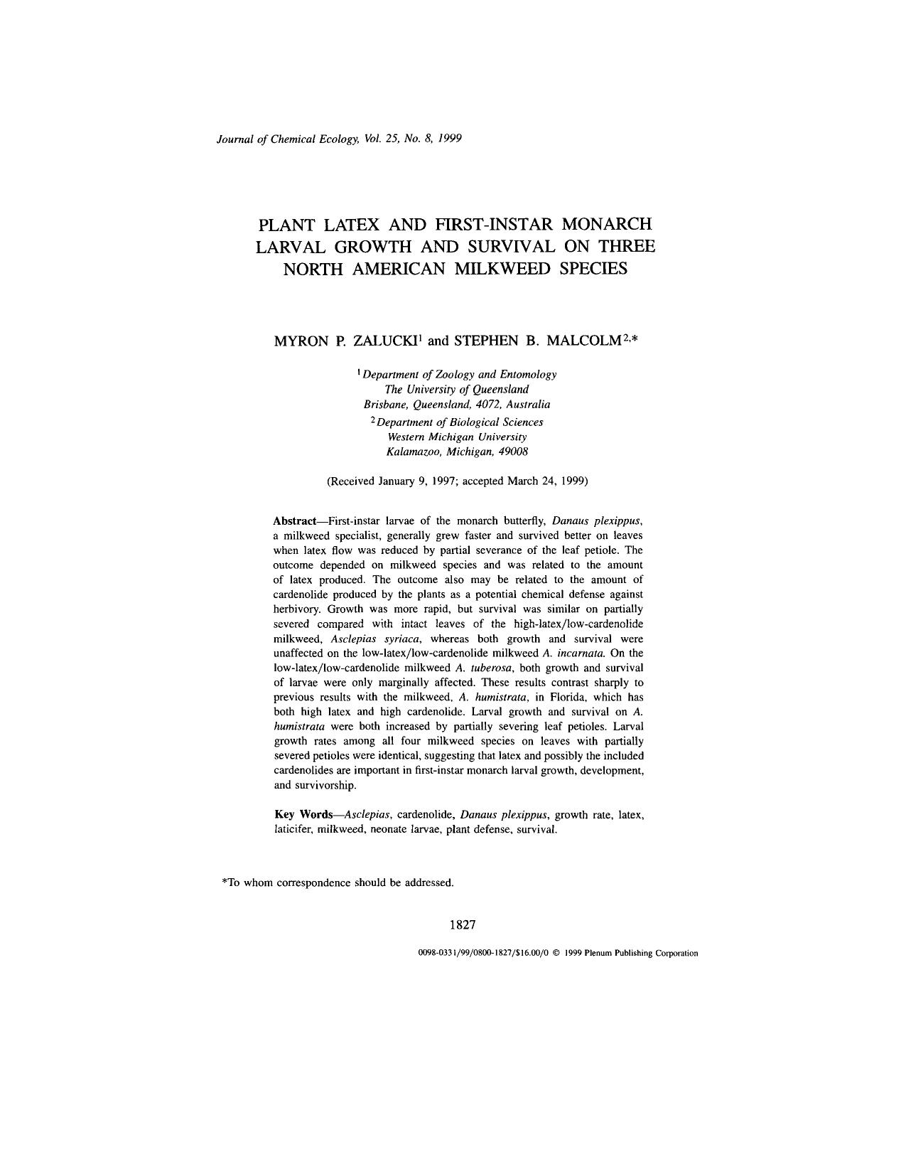 Plant Latex and First-Instar Monarch Larval Growth and Survival on Three North American Milkweed Species by Unknown