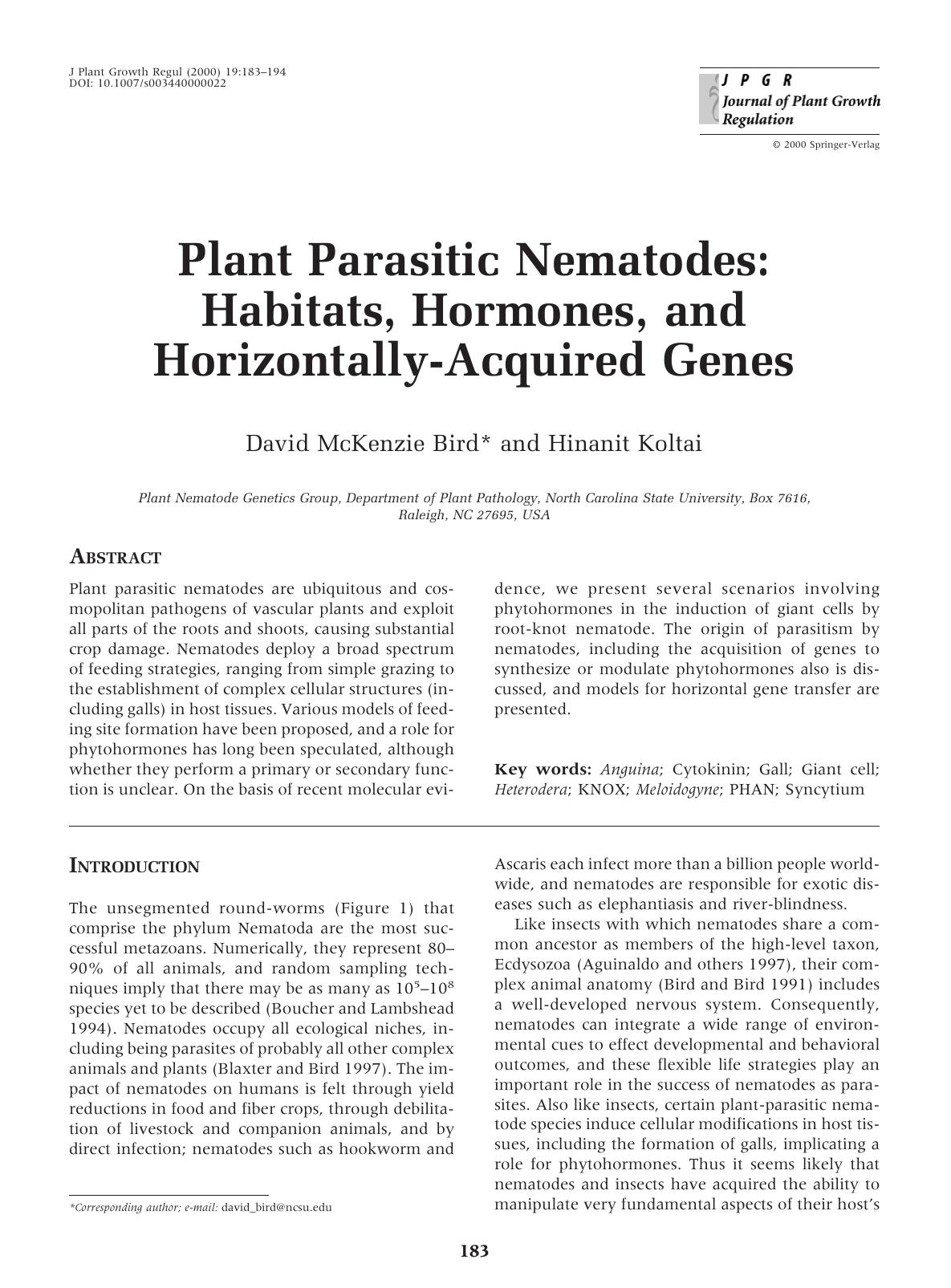 Plant Parasitic Nematodes: Habitats, Hormones, and Horizontally-Acquired Genes by Bird D. et al