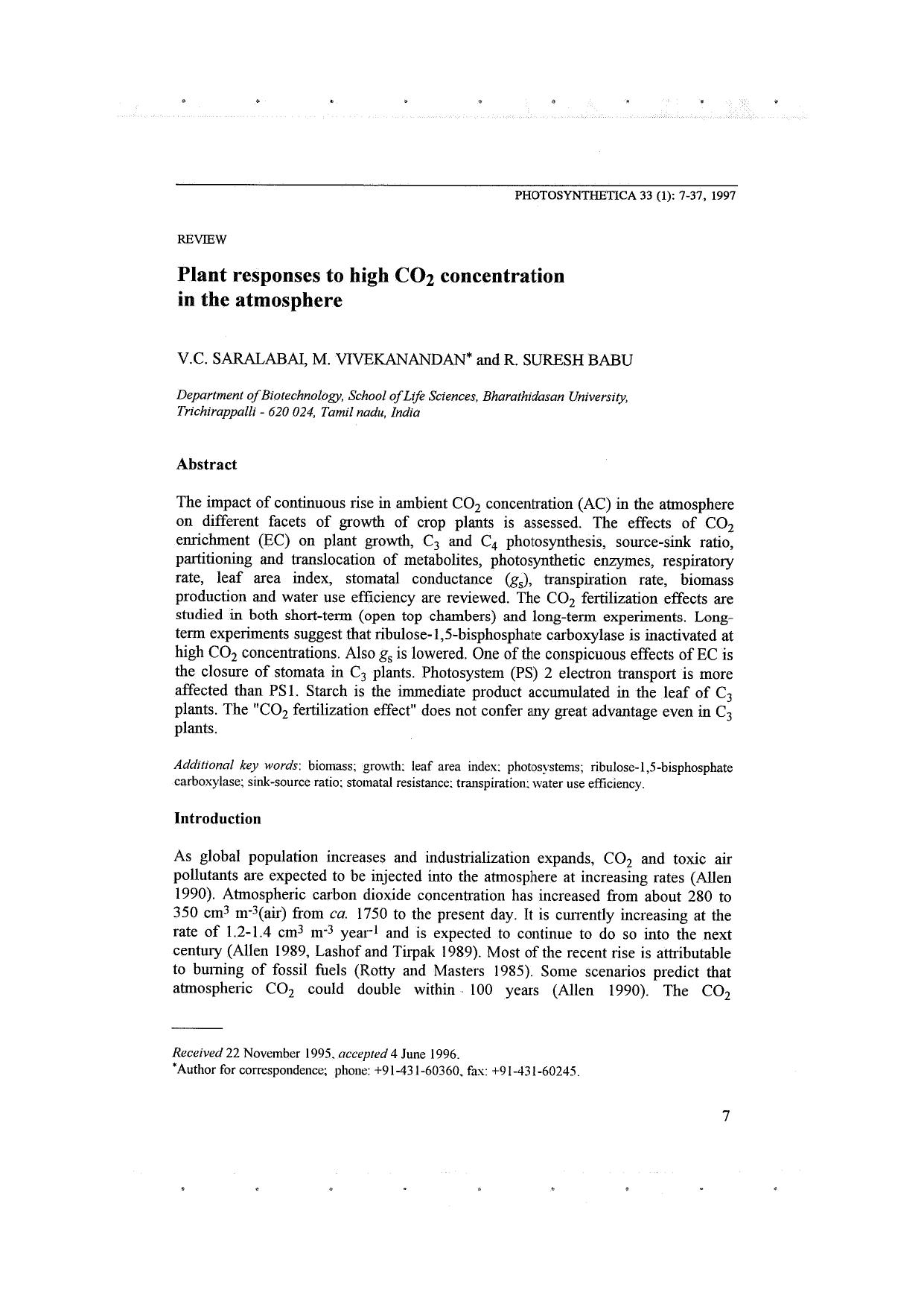 Plant Responses to High CO<Subscript>2<Subscript> Concentration in the Atmosphere by Unknown