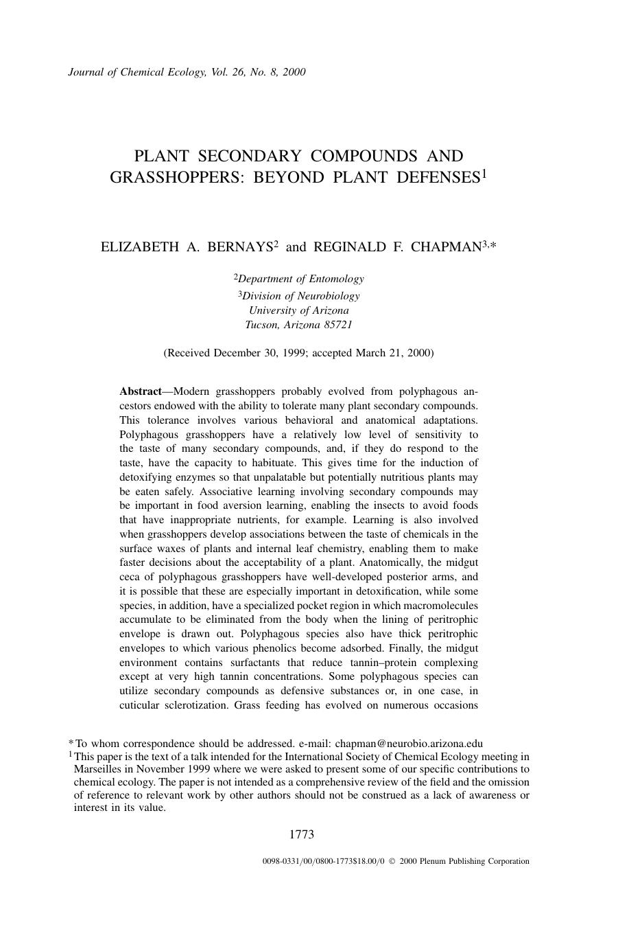 Plant Secondary Compounds and Grasshoppers: Beyond Plant Defenses by Unknown