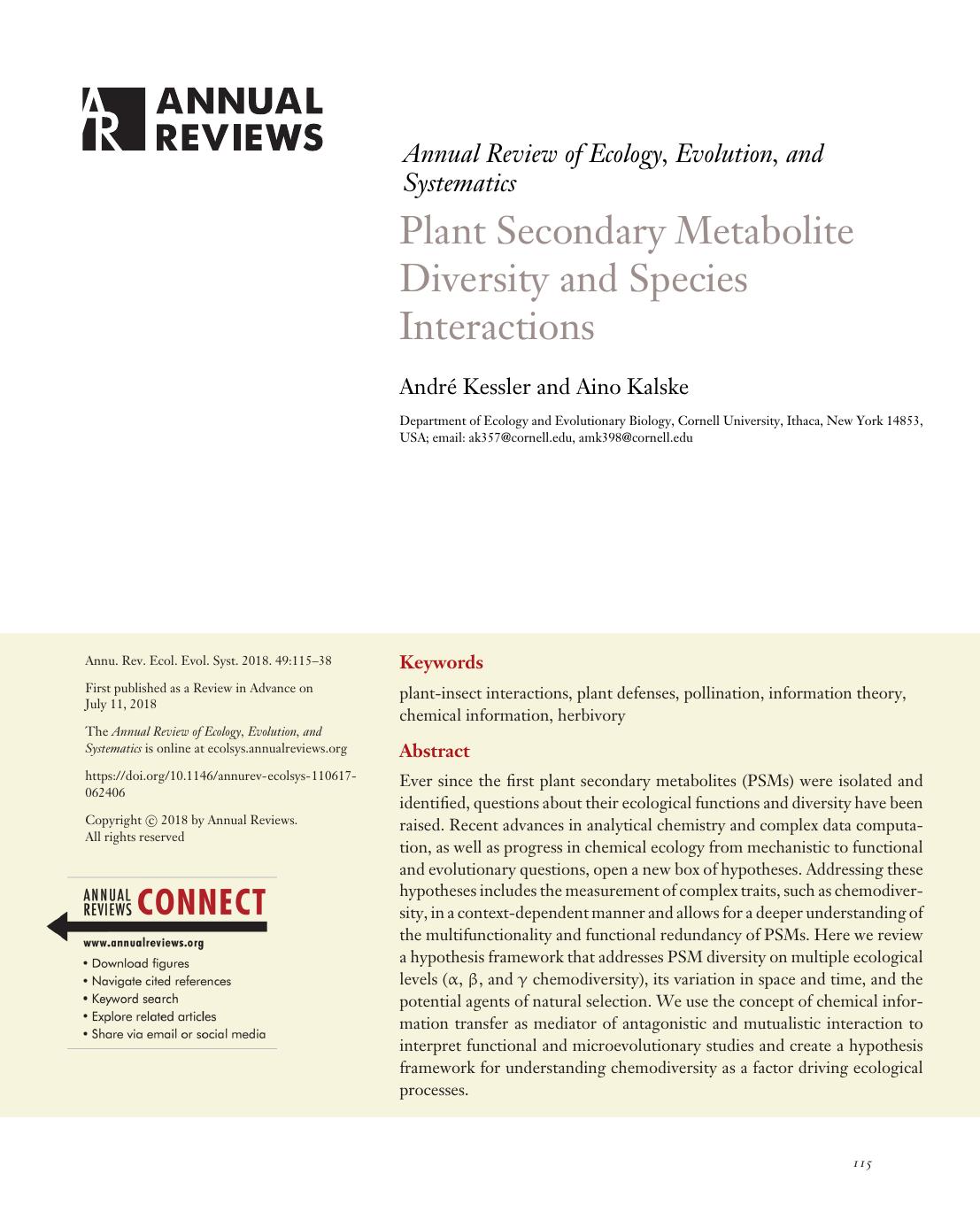 Plant Secondary Metabolite Diversity and Species Interactions by André Kessler and Aino Kalske