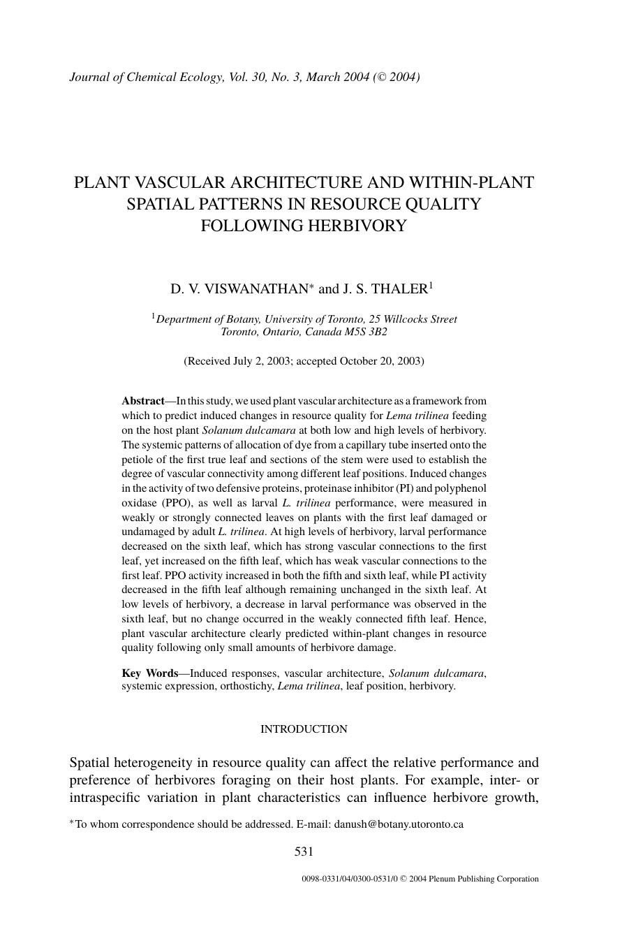 Plant Vascular Architecture and Within-Plant Spatial Patterns in Resource Quality Following Herbivory by Unknown