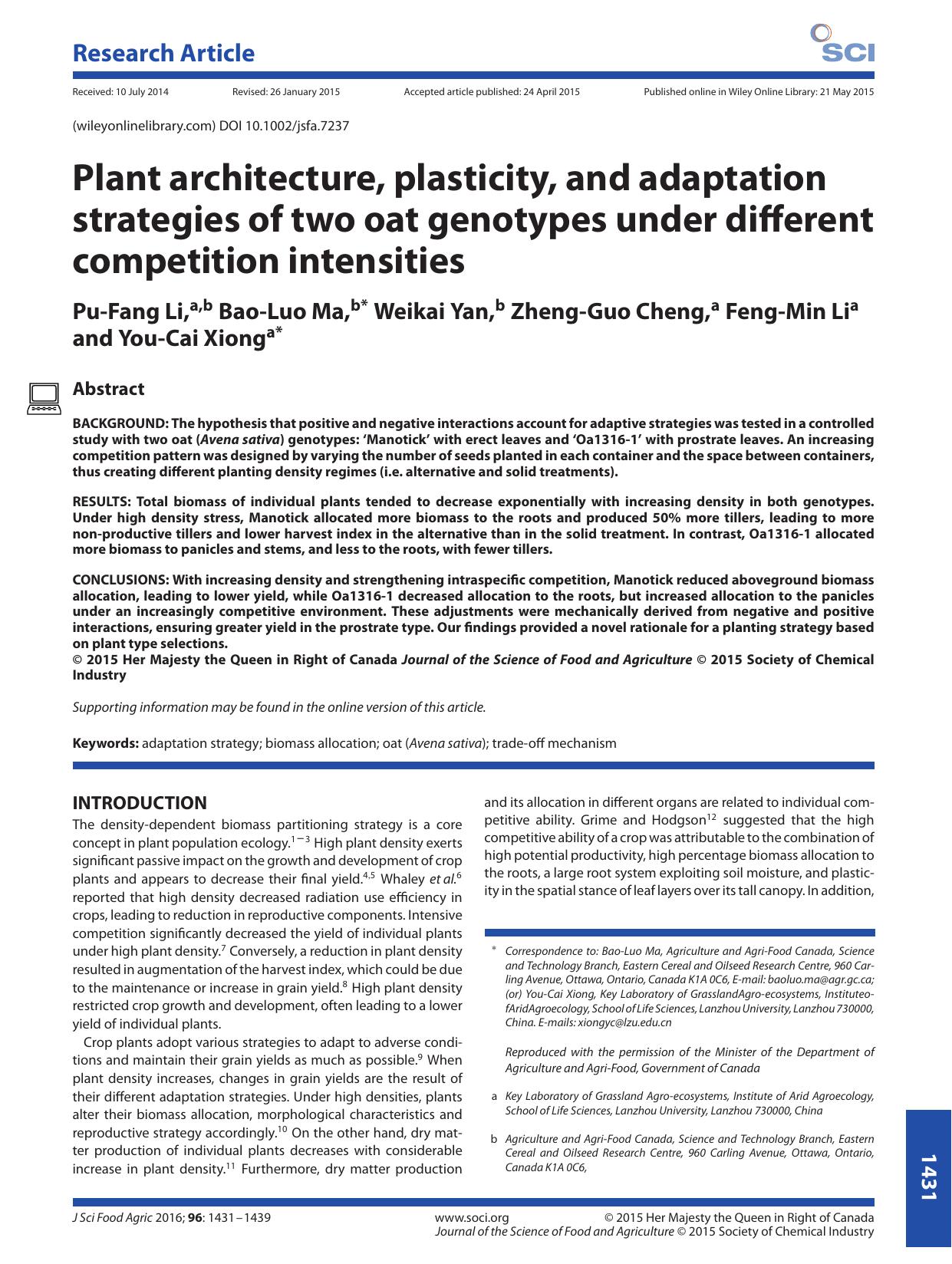 Plant architecture, plasticity, and adaptation strategies of two oat genotypes under different competition intensities by Unknown