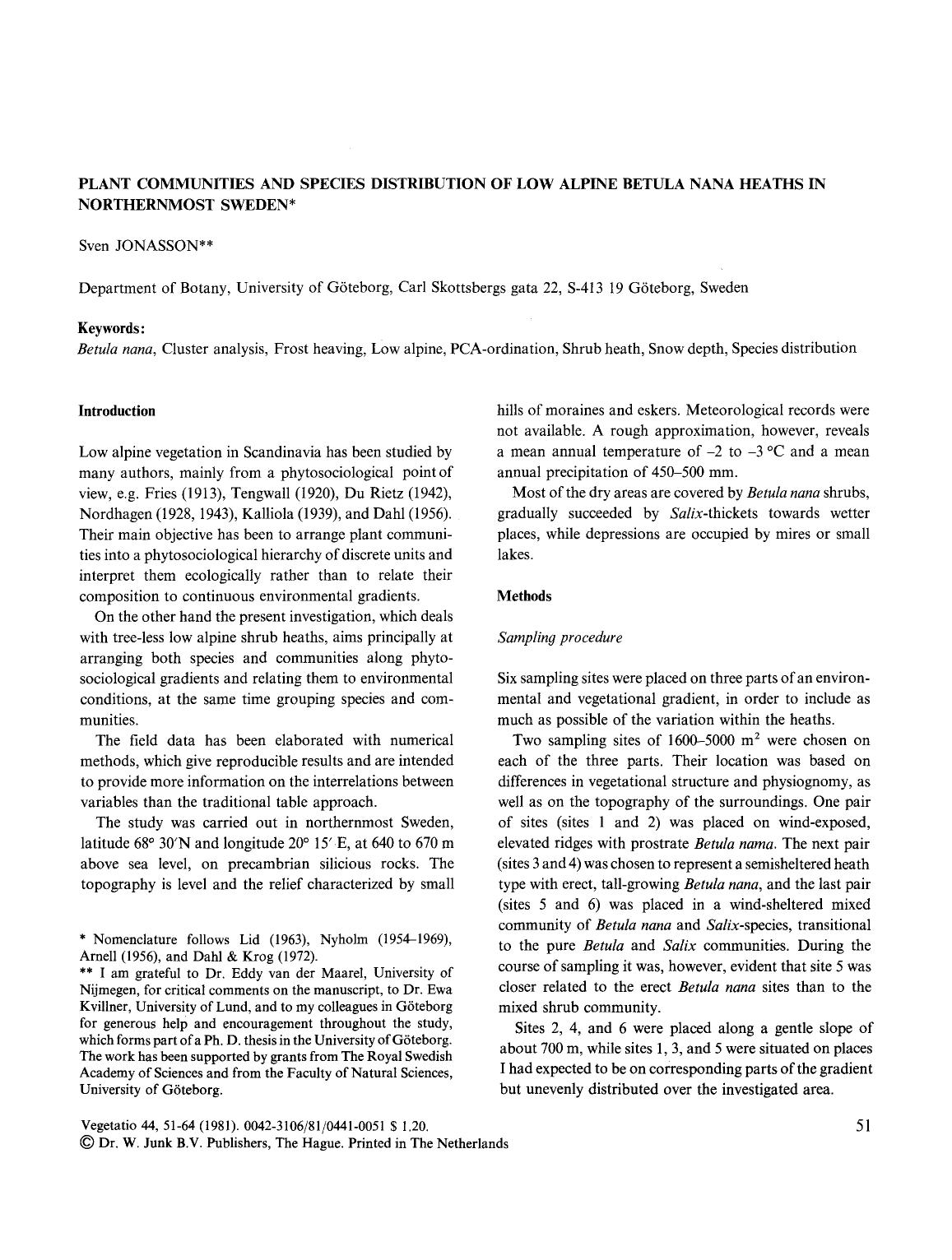 Plant communities and species distribution of low alpine Betula nana heaths in Northernmost Sweden by Unknown