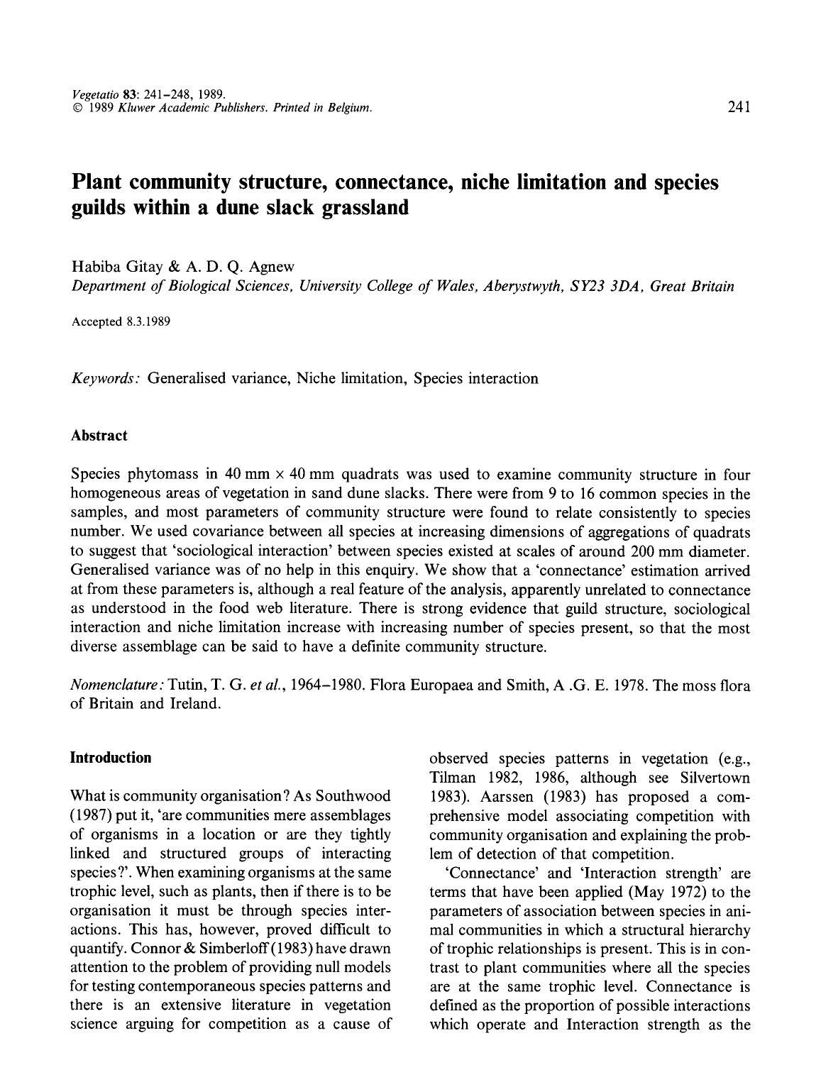 Plant community structure, connectance, niche limitation and species guilds within a dune slack grassland by Unknown