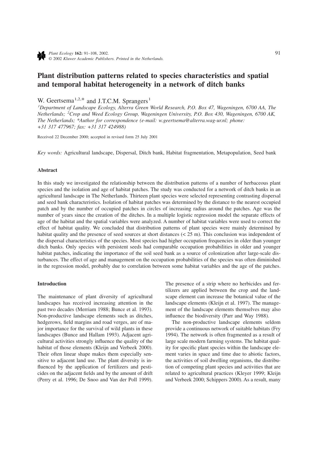 Plant distribution patterns related to species characteristics and spatial and temporal habitat heterogeneity in a network of ditch banks by Unknown