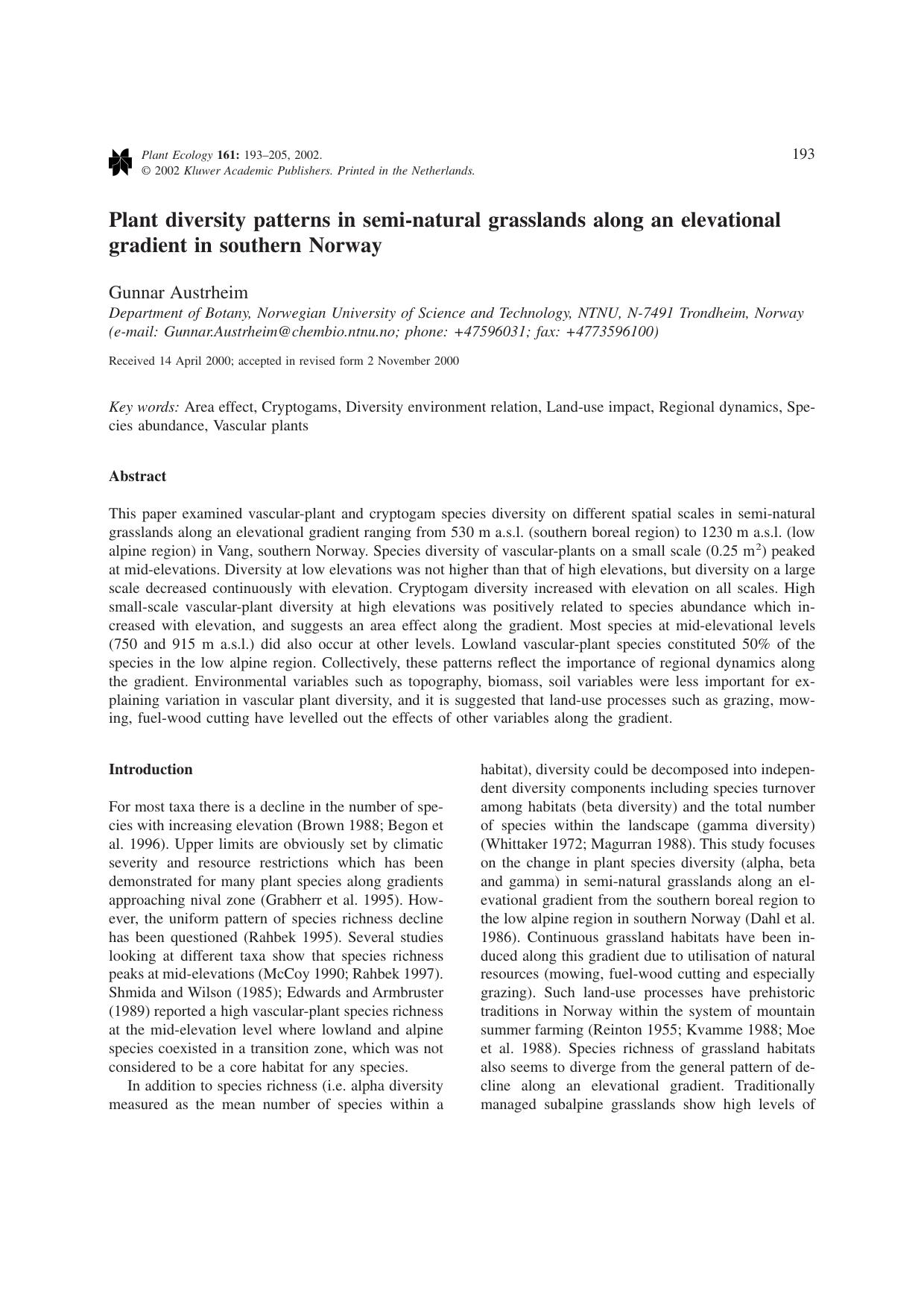 Plant diversity patterns in semi-natural grasslands along an elevational gradient in southern Norway by Unknown