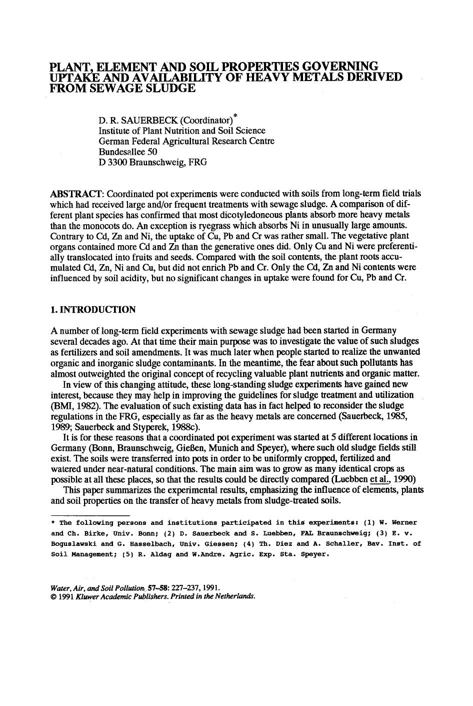 Plant element and soil properties governing uptake and availability of heavy metals derived from sewage sludge by Unknown