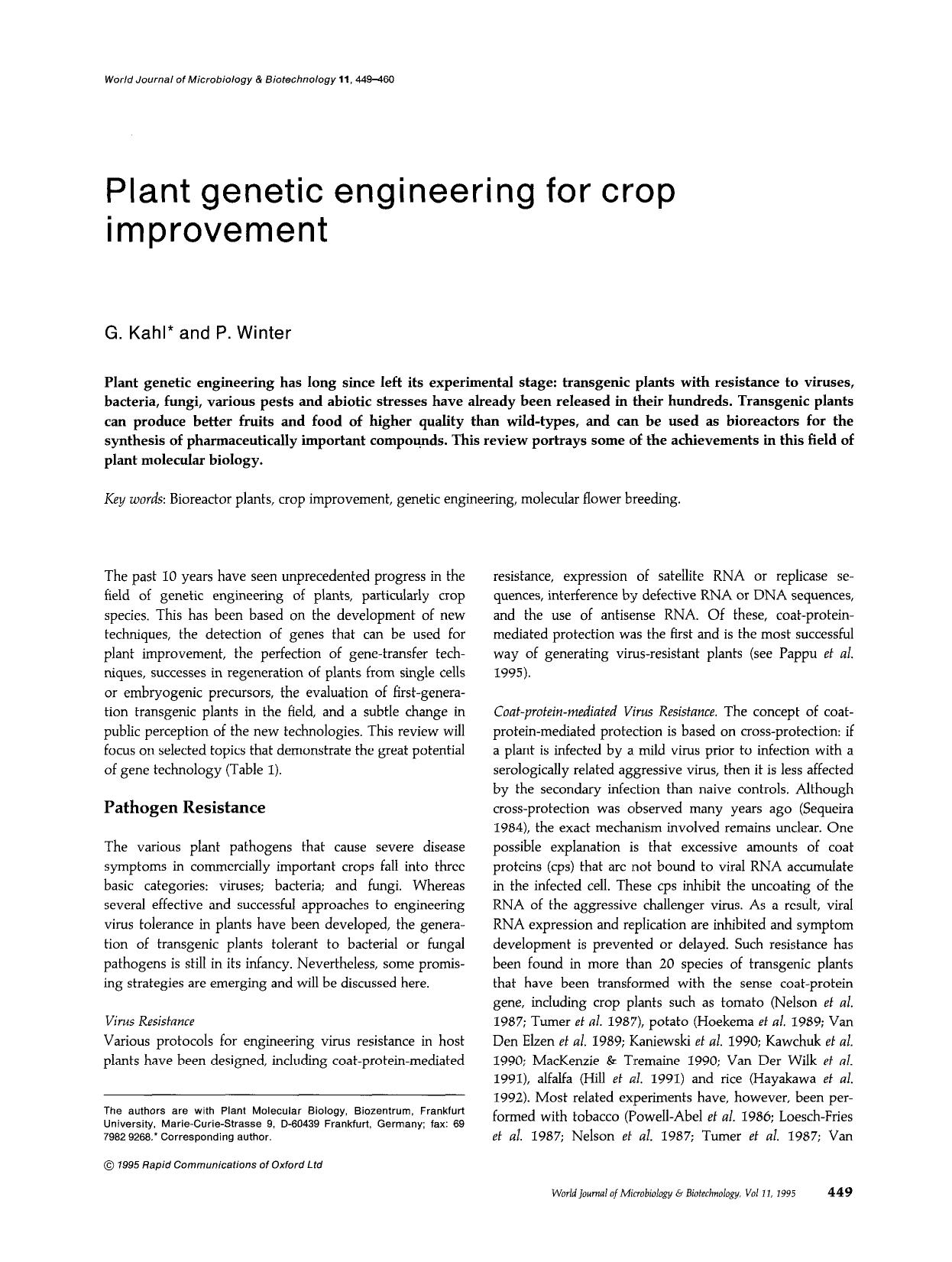 Plant genetic engineering for crop improvement by Unknown