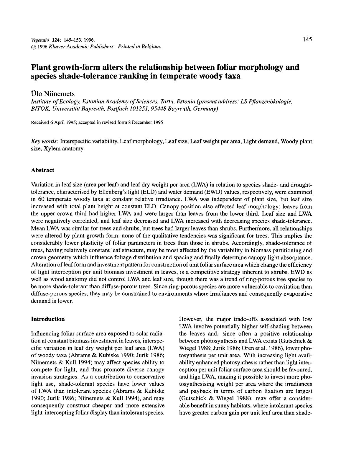 Plant growth-form alters the relationship between foliar morphology and species shade-tolerance ranking in temperate woody taxa by Unknown