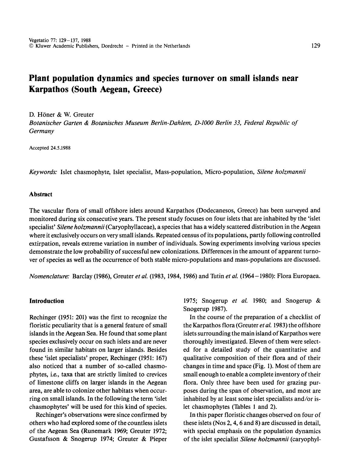 Plant population dynamics and species turnover on small islands near Karpathos (South Aegean, Greece) by Unknown