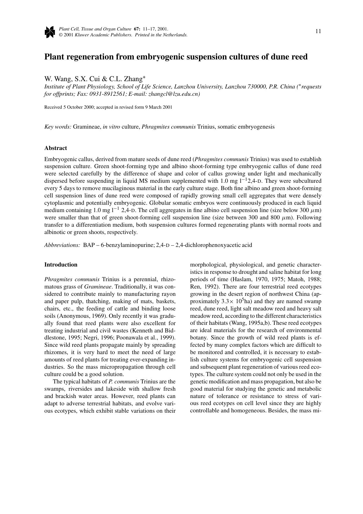 Plant regeneration from embryogenic suspension cultures of dune reed by Unknown
