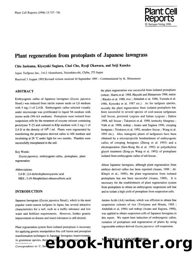 Plant regeneration from protoplasts of Japanese lawngrass by Unknown