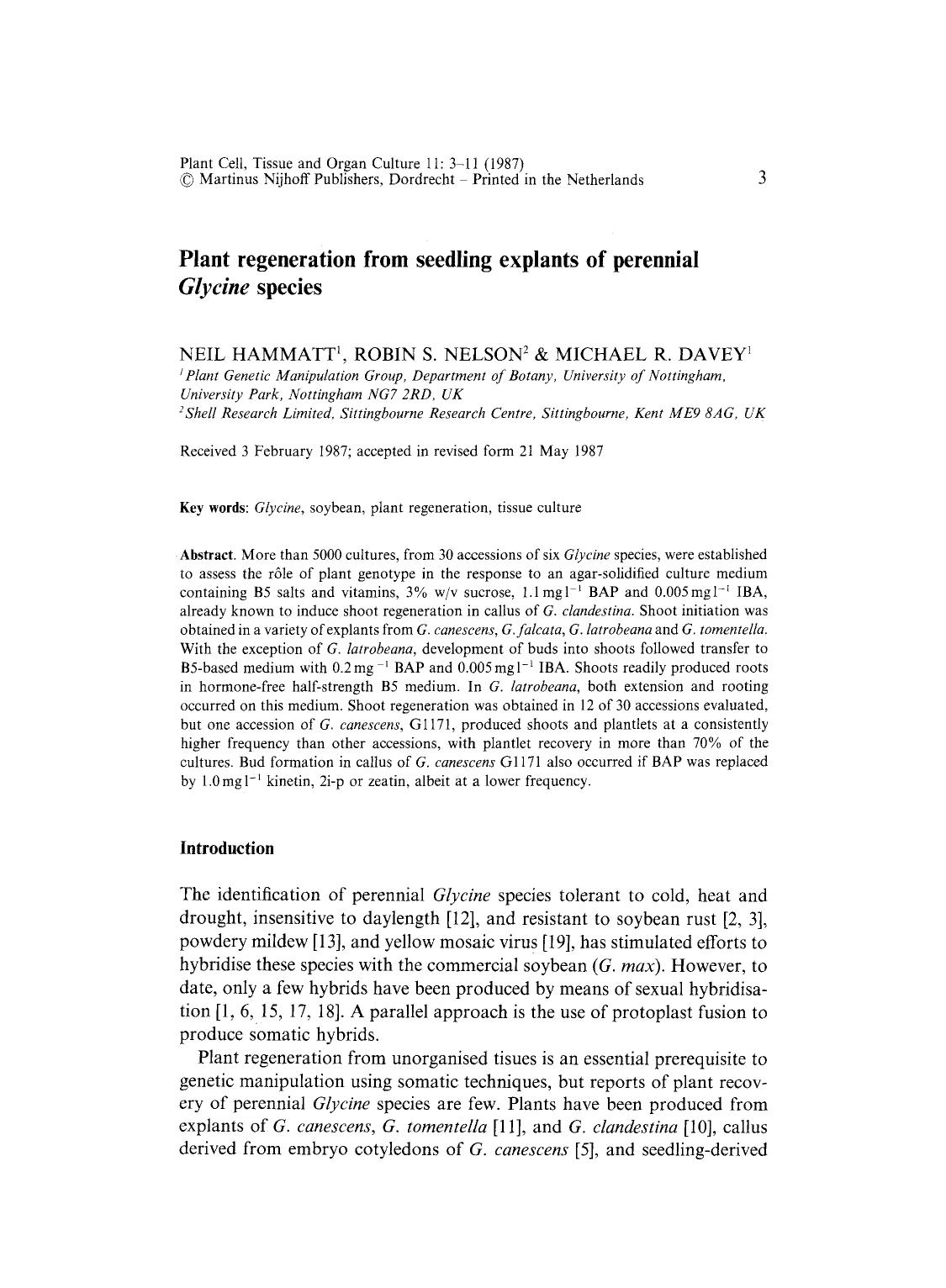 Plant regeneration from seedling explants of perennial <Emphasis Type="Italic">Glycine <Emphasis> species by Unknown