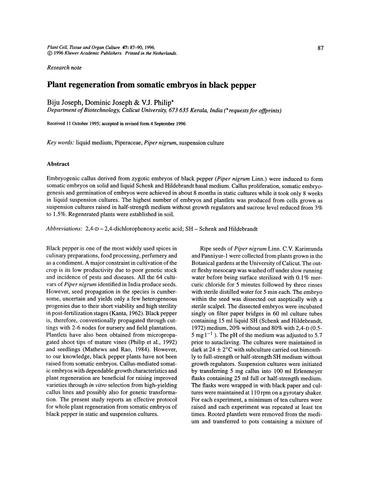 Plant regeneration from somatic embryos in black pepper by Unknown