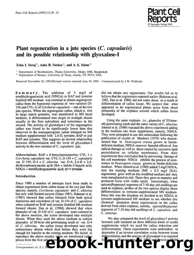 Plant regeneration in a jute species (<Emphasis Type="Italic">C. capsularis<Emphasis>) and its possible relationship with glyoxalase-I by Unknown