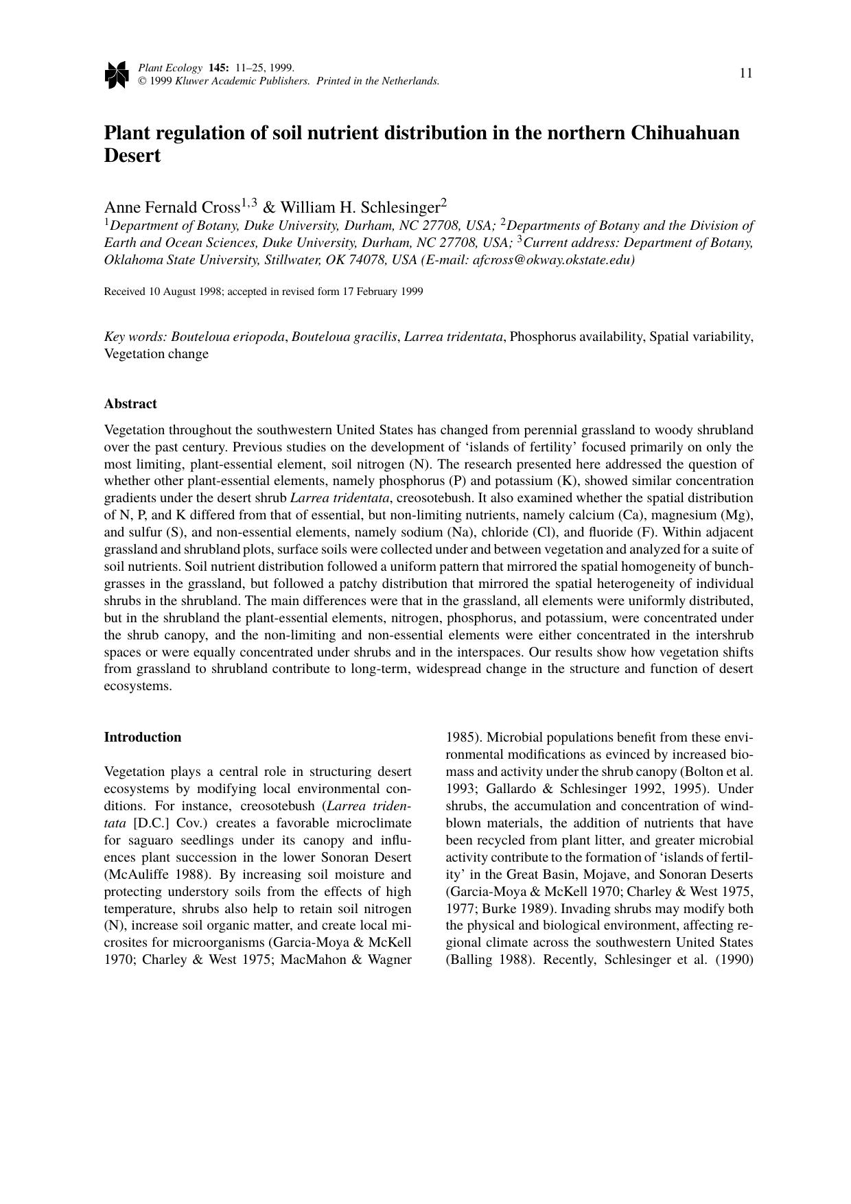 Plant regulation of soil nutrient distribution in the northern Chihuahuan Desert by Unknown