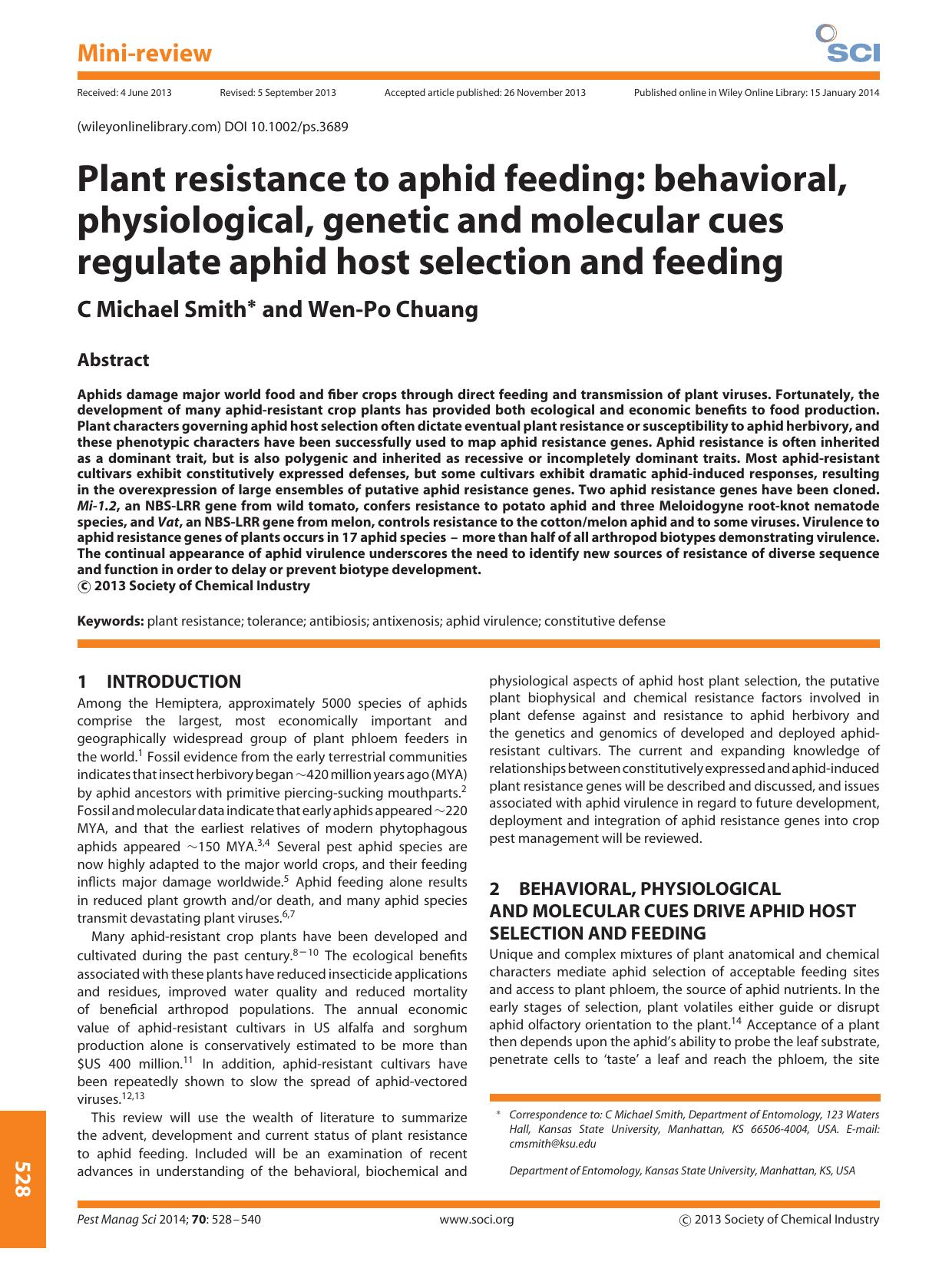 Plant resistance to aphid feeding: behavioral, physiological, genetic and molecular cues regulate aphid host selection and feeding by Unknown