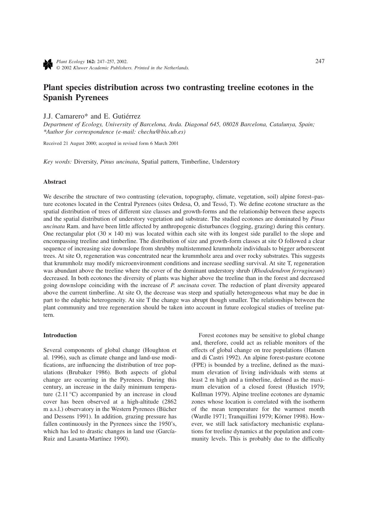 Plant species distribution across two contrasting treeline ecotones in the Spanish Pyrenees by Unknown