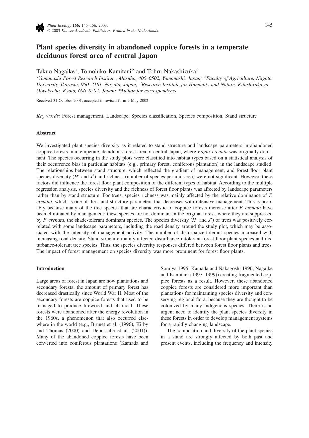 Plant species diversity in abandoned coppice forests in a temperate deciduous forest area of central Japan by Unknown