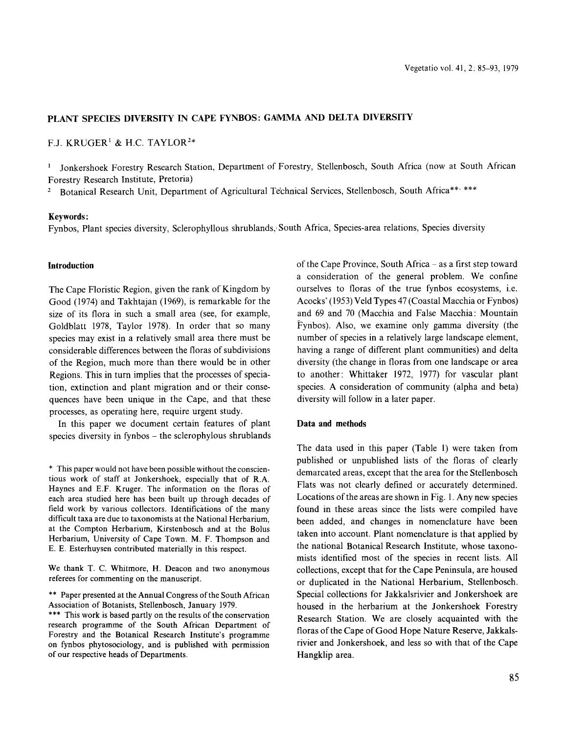 Plant species diversity in cape fynbos: Gamma and delta diversity by Unknown