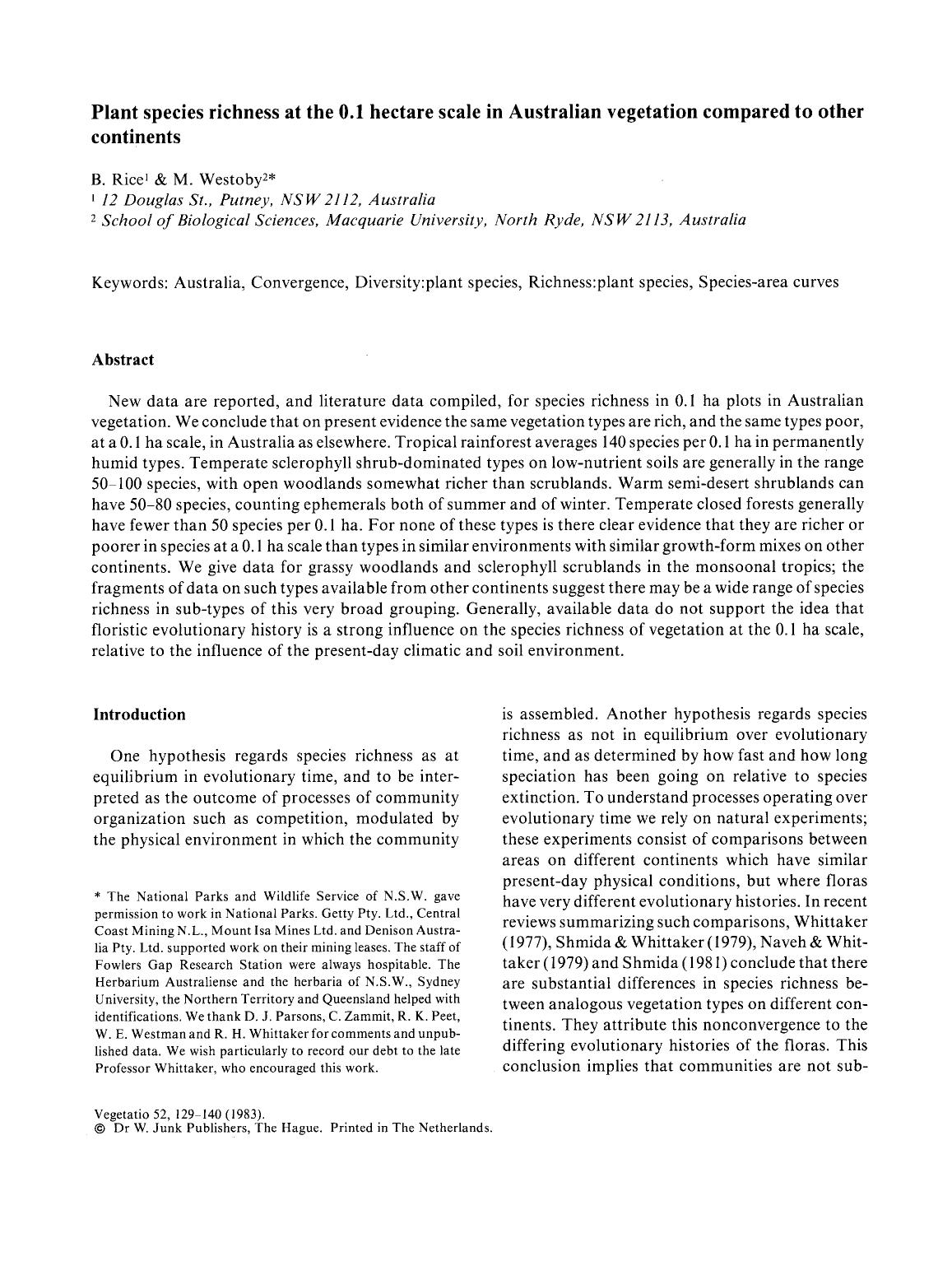Plant species richness at the 0.1 hectare scale in Australian vegetation compared to other continents by Unknown
