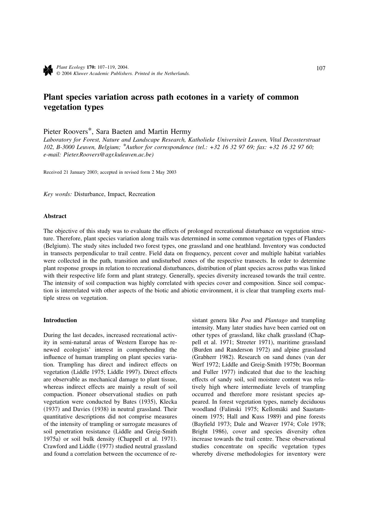 Plant species variation across path ecotones in a variety of common vegetation types by Unknown