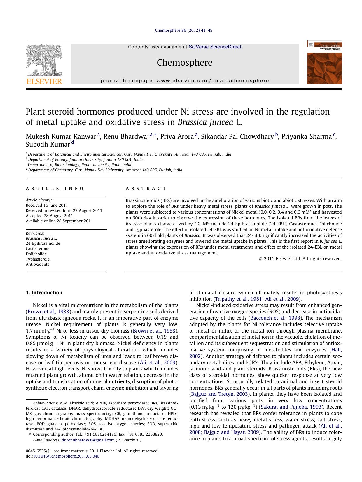 Plant steroid hormones produced under Ni stress are involved in the regulation of metal uptake and oxidative stress in Brassica juncea L. by unknow