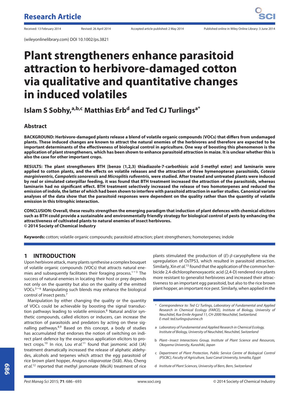 Plant strengtheners enhance parasitoid attraction to herbivore-damaged cotton via qualitative and quantitative changes in induced volatiles by Unknown